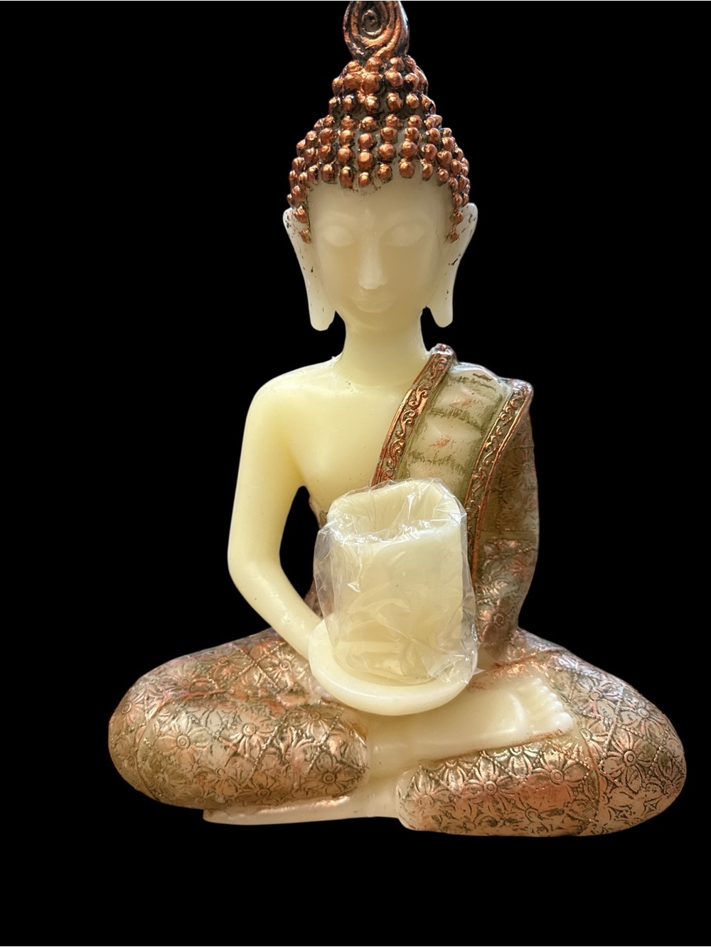 Meditating Thai Sitting Buddha, Flameles Battery Operated LED Candle w/timer 13”